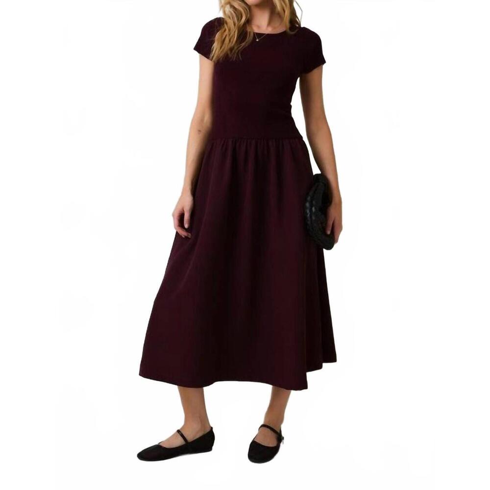 NEW SUNDAY EDITION round neck mix midi dress in burgundy